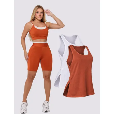 Kit Conjunto Cropped + Bermuda C/ Bolso + Regata Fitness Terracota G