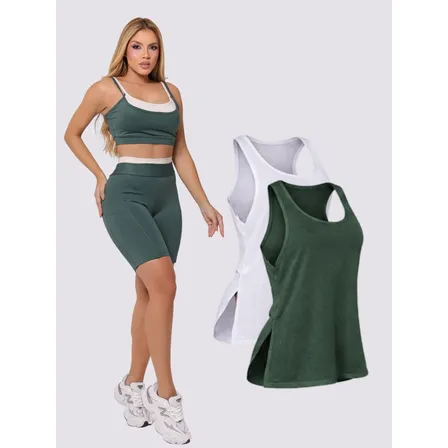 Kit Conjunto Cropped + Bermuda C/ Bolso + Regata Fitness Verde Militar G