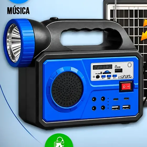 Rádio Solar Multifuncional 5 Em 1 Com Power Bank E 3 Lâmpada