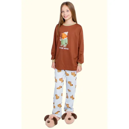 Pijama Flanelado Capivara Infantil Menina Manga Longa Calça Marrom 10