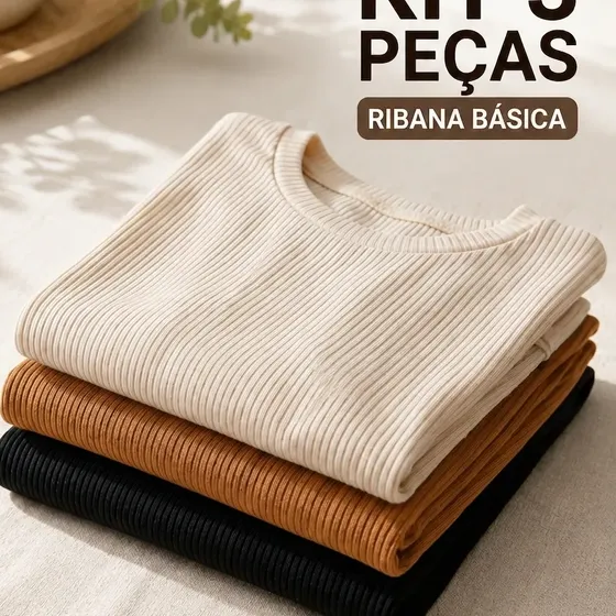 Kit 3 Blusa Feminina Ribana Canelado Básica Casual