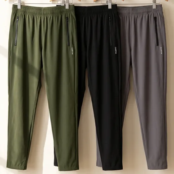 Kit 3 Calças Masculina Tactel Bolsos Com Zíper Leve Premium Verde Militar | Preto | Chumbo Lisa M