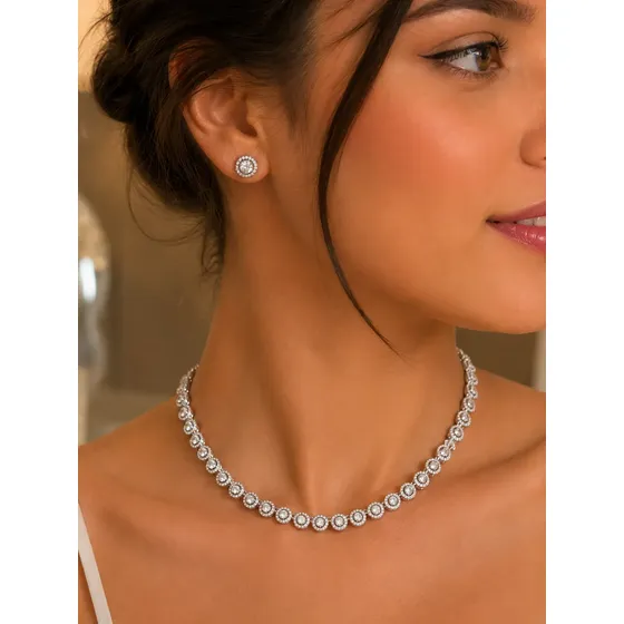 Conjunto Colar Riviera Brincos Zircônia Banhado Prata Luxo