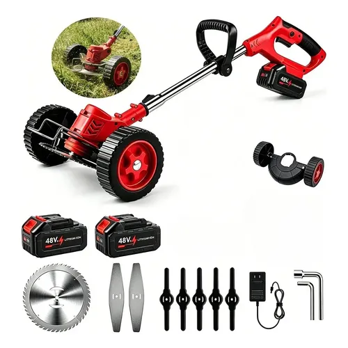 Roçadeira Elétrica 48v Sem Fio Com Rodas 2 Baterias 800w Kit 110-220v Multicolorido