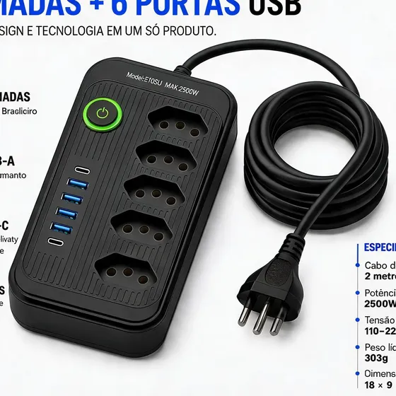 Régua Extensão 5 Tomadas + 4 Usb + 2 Tipo C Filtro Linha