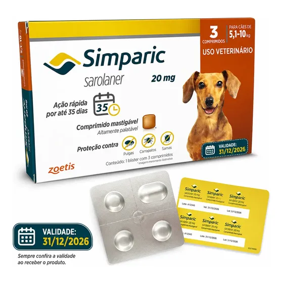 Simparic 20mg 3 Comprimidos Cães 5,1 A 10kg Zoetis
