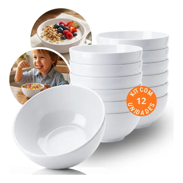 Kit 12 Bowls 420ml Cumbuca Tigela Branca Melamina Resistente Branco