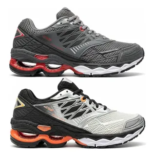 Kit 2 Tênis Esportivo Confortavel Masculino Wave Creation 20 Grafite Vermelho - Grafite Laranja Lisa 42 Br