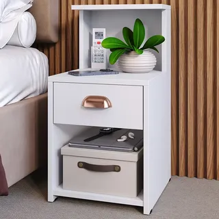 Mesa De Cabeceira Cléo 1 Gaveta Nicho Puxador Concha Moderna Brilhante Branco