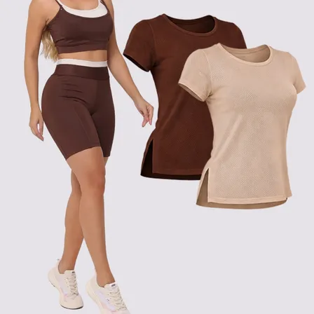 Conjunto Fitness 3 Pçs Top + Bermuda C/ Bolso Blusa Dry Fit Marrom M