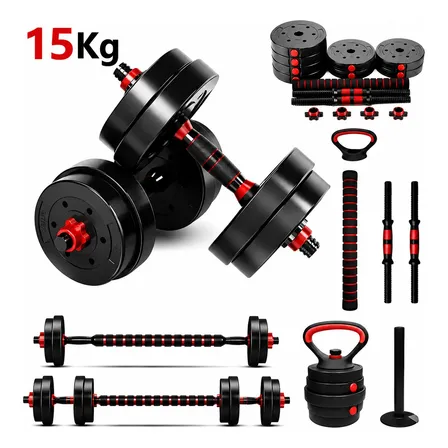 Kit Halteres 6 Em 1 15kg Musculação Barra Anilhas Ajustável Preto