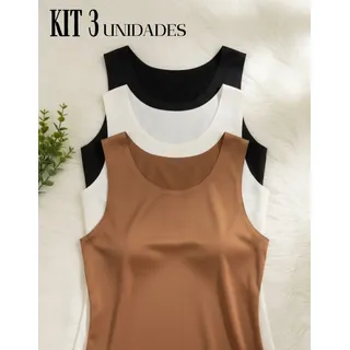 Kit 3 Blusa Regata Feminina Básica Casual Forrada Preto-branco-marrom G