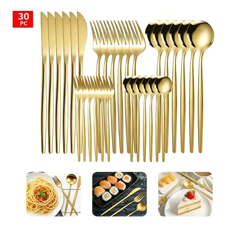 Kit 30 Jogos De Talheres Garfo Faca E Colheres Inox Dourado
