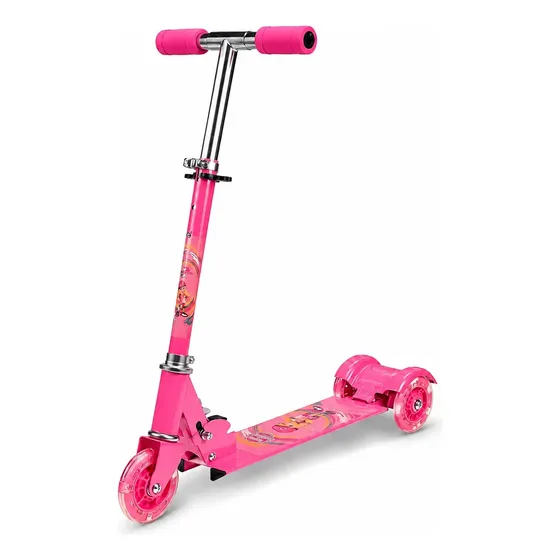 Patinete 3 Rodas Infantil Menina Rosa Dobrável Ajustável Led