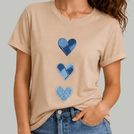 Camiseta Coração Jeans Modinha Blusa Camisa Casual Moderna Bege G