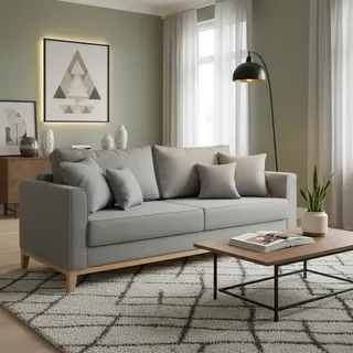 Sofá 3 Lugares Beny Base De Madeira Linho Cotton Bege Cinza