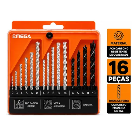 Kit Jogo Brocas 16 Peças Madeira Concreto Aço Com Estojo