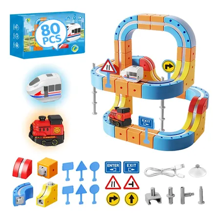 Kit81 Pista Carrinho Trem Magnético Elétrico Infantil Blocos