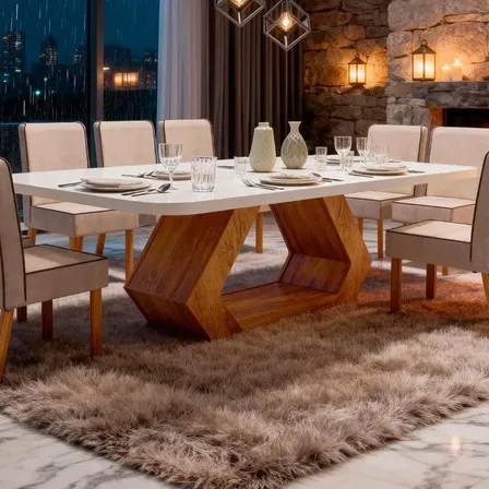 Sala De Jantar 220x110 Lottus Mdf/vidro Off 8 Cad Bom Pastor Off-white Naturale Bege