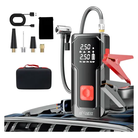 Auxiliar De Partida Veicular Portátil 1500a 4 Em 1, Compressor De Ar 150psi, Power Bank 10000mah Com Carregamento Bidirecional, Lanterna Led E Display Digital Para Carros Motos Bicicletas E Bolas