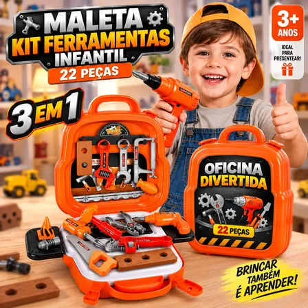 Maleta Kit Ferramentas Infantil 22 Peças Mochila 3x1 Menino