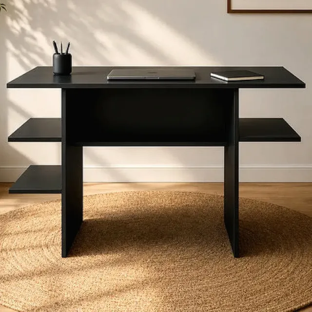 Mesa De Estudo Em Mdp Para Notebook Com Nichos E Prateleiras Preto