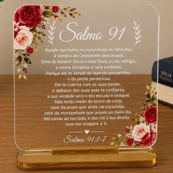 Placa Decorativa Salmos 91 Em Acrílico Com Base Dourada