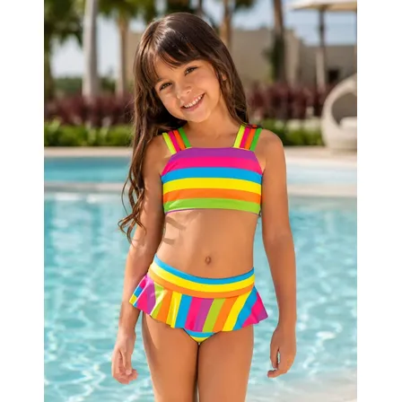 Biquíni Infantil Menina Babado Uv50 Liso Estampado Verão Listrado 4