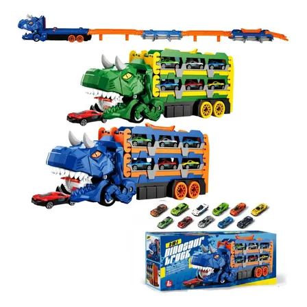 Brinquedo Caminhão Dinossauro Com Pista 1,4m E 12 Carrinhos Sortido