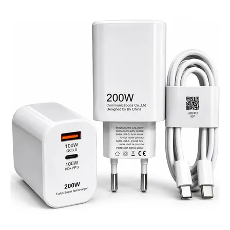 Carregador Turbo 200w Porta Dupla Usb-c Tipo C Super Rápida