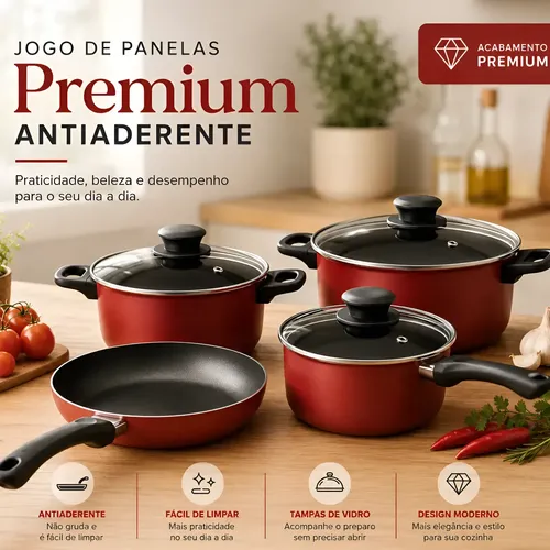 Jogo De Panelas Premium Antiaderente Com Tampa De Vidro