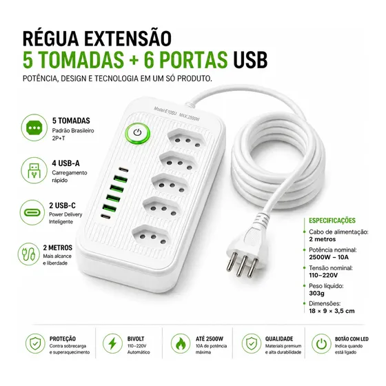 Régua Extensão 5 Tomadas + 4 Usb + 2 Tipo C Filtro Linha