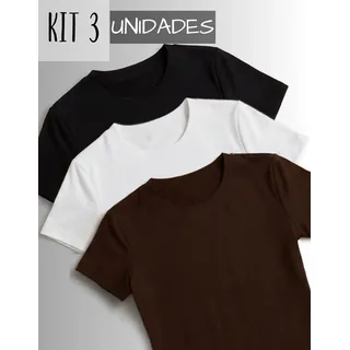 Kit 3 Camisetas Feminina Suplex Tshirt Básica Casual Preto+marrom+branco Sem Estampa G Suplex