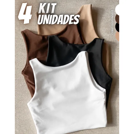 Kit 4 Blusas Regata Feminina Suplex Tshirt Básica Casual Preto + Branco + Marrom + Nude Liso G/gg (40-42)