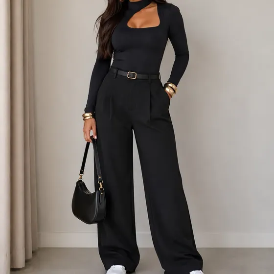 Body Manga Longa Gola Alta Assimétrica Morcego Chic Elegante Preto Lisa M