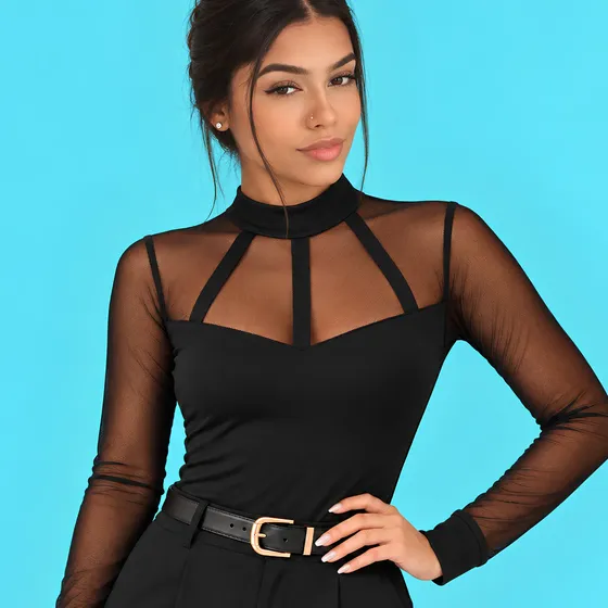 Blusa Manga Longa Tule Transparên Elegante Moda Blogueira
