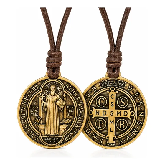 Colar Medalha De São Bento Em Ouro Velho Cordão Couro
