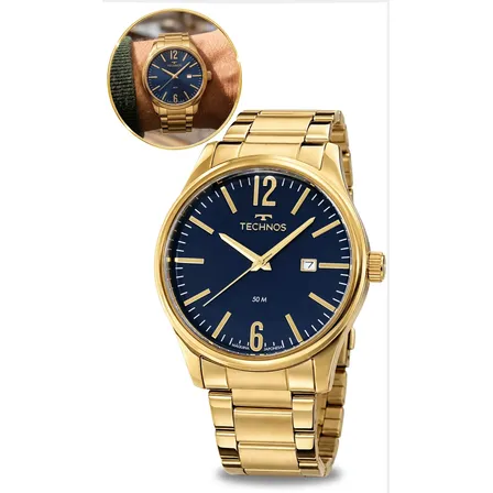 Relógio Technos Masculino De Pulso Moderno Quartz Original Dourado Azul