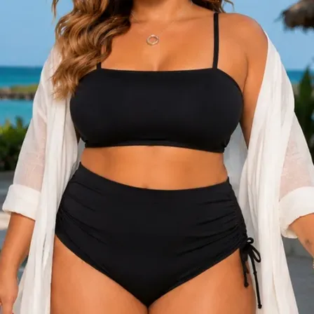 Biquíni Feminino Plus Size Top Cintura Alta Moda Praia Preto G2