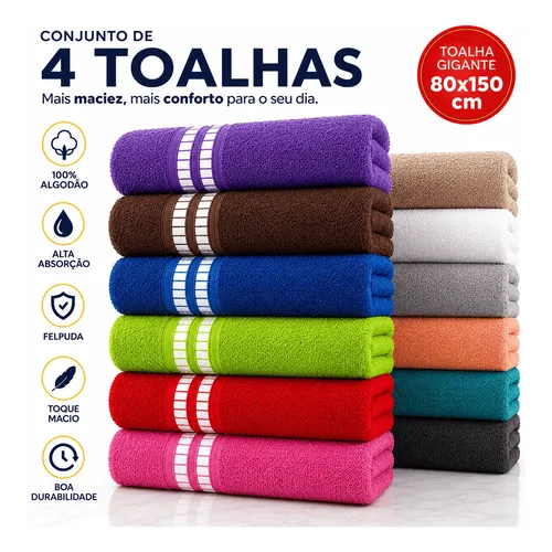 Kit 4 Toalha Banho Gigante 100% Algodao Grande 80 X 150 Aleatorio Fio Penteado Listrada Grossa