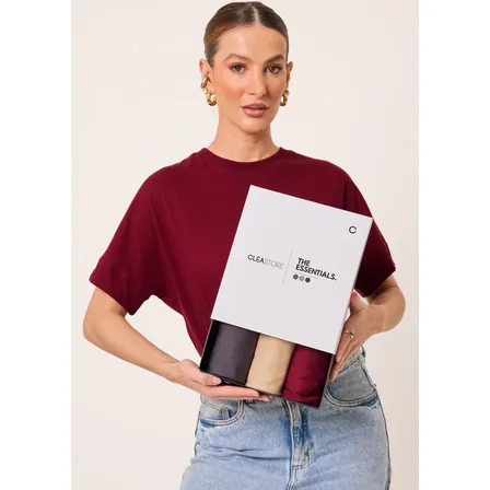 Kit 3 T-shirts Oversized Intense Algodão Cléa Store Chumbo/bege/vinho M