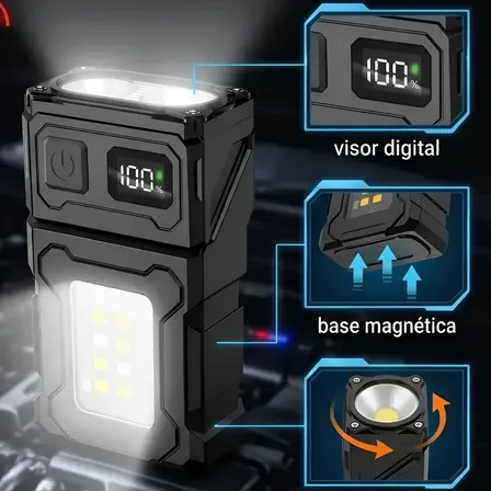 Lanterna Recarregável Portátil Com Clipe E Ímã Visor Digital