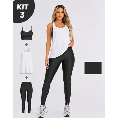 Conjunto Fitness Top Legging E Regatão Feminino Academia Preto Gg