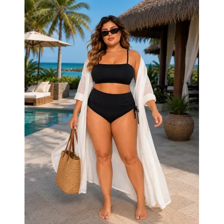Biquíni Feminino Plus Size Top Regulagem Cintura Alta Verão Preto G1