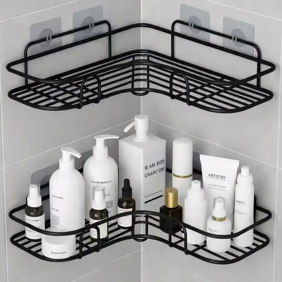 Kit 2 Suporte Porta Shampoo Sabonete De Canto Banheiro Adesi Preto - Médio