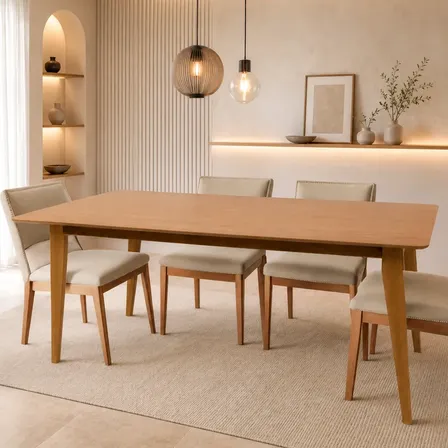 Mesa De Jantar 6 Lugares - 160 X 90 - Pé Em Madeira Maciça Marrom-claro