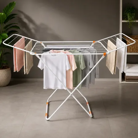 Varal De Chão Reforçado Grande Aço C Abas Dobrável Retrátil Branco