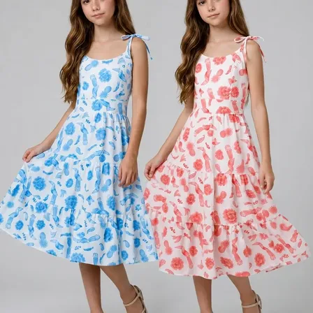 Vestidos Juvenil Floral Estampado Alça Rodado Kit 2 Rosa/azul Florido 16