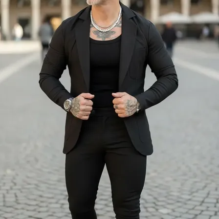 Conjunto Masculino Blazer Calça Bengaline Corte Italiano Preto Gg