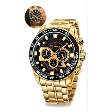 Relógio Technos Carbon Masculino Cronógrafo Pulso Original Dourado Preto